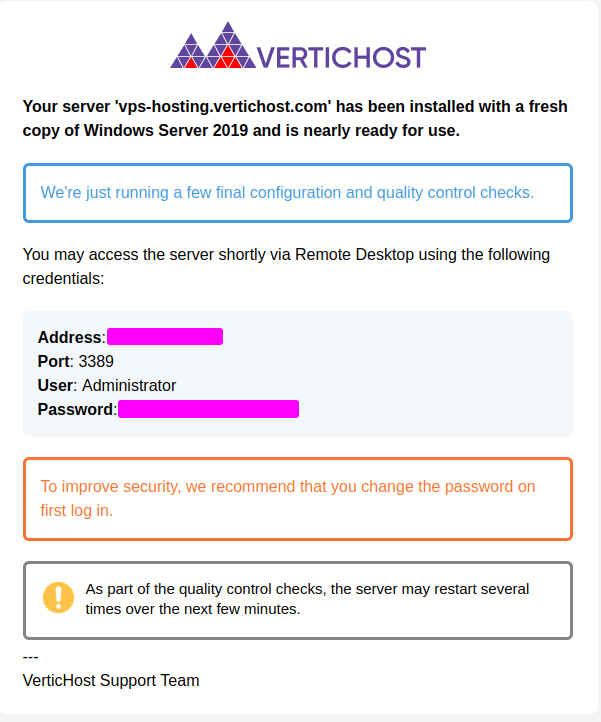 VerticHost Activation Email for Windows VPS